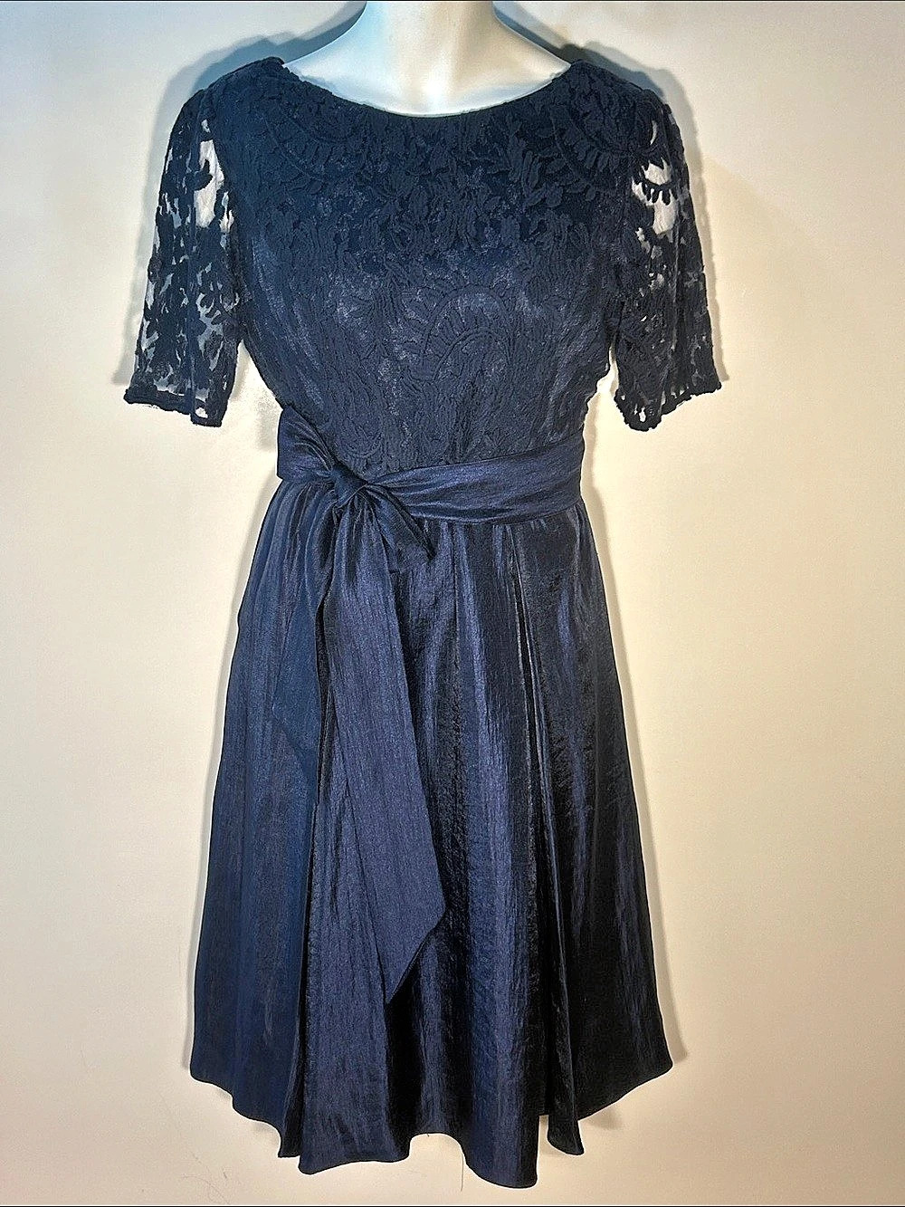 Adrianna Papell Navy Blue Formal Midi Dress Lace Cocktail Mother of the Bride